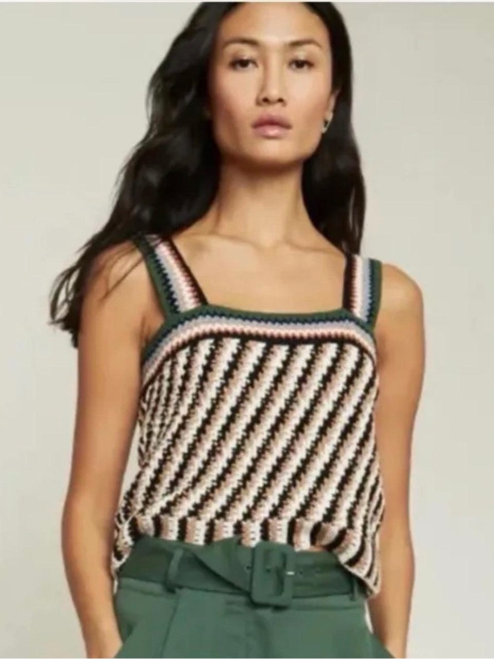 Veronica Beard Striped Crochet Camisole in Cream, Black, Pink & Green